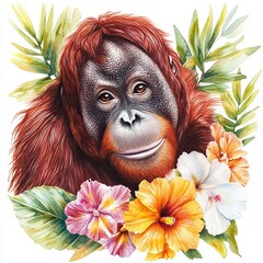 Obraz premium Orangutan with vibrant flowers and foliage showcasing wildlife beauty in a lush tropical setting