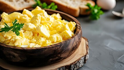 A bowl of fluffy scrambled eggs garnished with parsley, alongside slices of bread and eggs in the background. Concept Scrambled Eggs Delight, Garnishing with Parsley, Breakfast Presentation