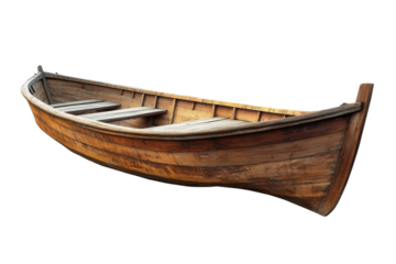 A beautifully crafted wooden boat rests on its side, highlighting its fine design isolated on transparent background