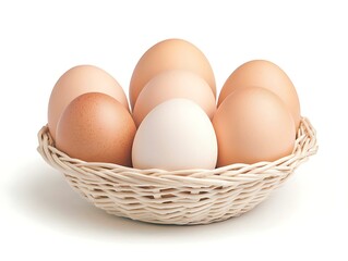 Eggs in wicker basket for white background.