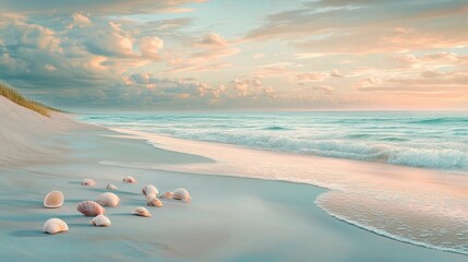 A serene beach scene at dusk features pastel-toned seashells scattered on soft, sandy shores, capturing the tranquil beauty of a seaside evening