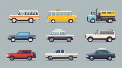 Fototapeta premium Flat cars set. Taxi and minivan, cabriolet and pickup. Bus and suv, truck. Urban, city cars and vehicles transport vector flat icons. Cabriolet and truck, car and bus, automobile pickup illustration