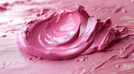 Obraz premium A pink cosmetic product smear spreads across pink in an abstract shape, highlighting its creamy texture and vibrant, glossy color.