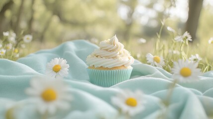 A pastel-colored picnic scene with a mint green blanket, soft yellow daisies, and a light blue cupcake, embodying a cheerful and peaceful outdoor atmosphere