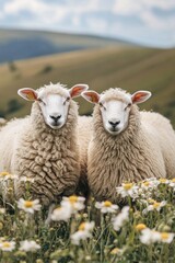 Obraz premium Sheep in flower grass field in Spring.