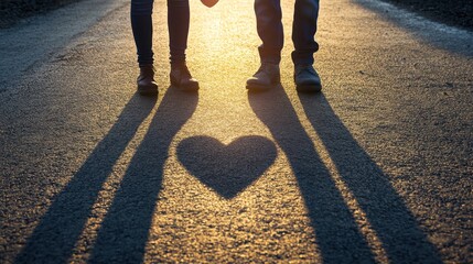 Couple and child shadows forming heart shape on road at sunset.