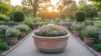 Naklejka premium An enchanting pastel garden filled with blooming flowers in pink, lavender, and mint green, inviting a sense of wonder and tranquility at golden hour