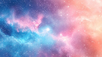 A magical pastel galaxy with swirling nebulas in lavender, baby blue, and peach, filled with twinkling stars, evoking a sense of wonder and awe