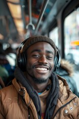A young man smiling as he listens to his favorite music through headphones on the bus