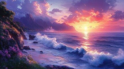 Fototapeta premium Vibrant Sunset Over Ocean Coastline with Purple and Pink Sky