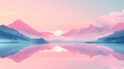 A serene pastel sunset over tranquil mountains, reflecting shades of pink, light blue, and peach on the still water, casting a warm glow on the landscape