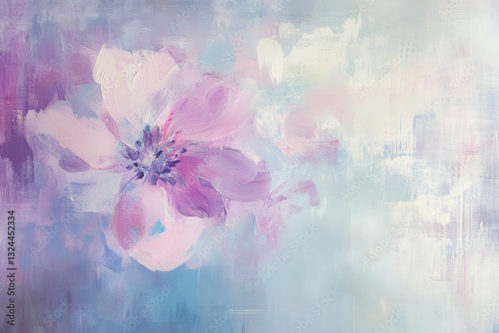 Poster soft pastel floral design with pink and lavender hues, featuring a large bloom and gentle fading bac