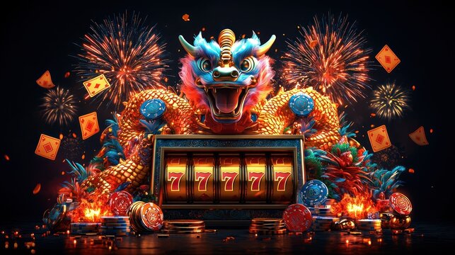 Dragon-themed casino slot machine with luck numbers, fireworks and cards