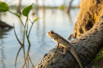 Obraz premium Exploring wildlife a close-up of a frog on a tree branch wetland ecosystem nature photography serene environment eye-level perspective biodiversity awareness