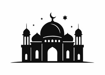 Simple black and white illustration of a mosque.