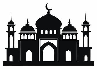 Simple black and white illustration of a mosque.