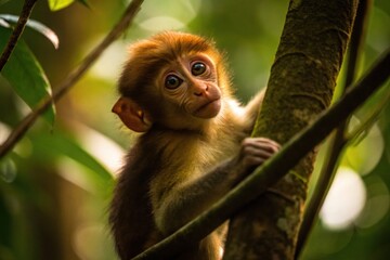 Fototapeta premium Playful young monkey climbing a tree dense tropical forest wildlife photography lush green environment close-up view nature conservation concept