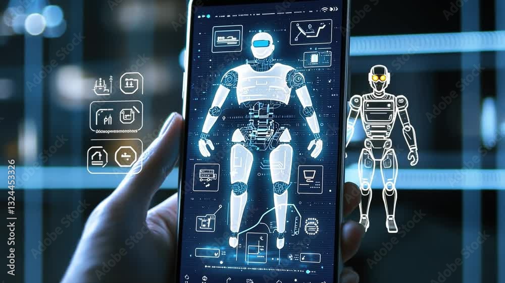 Poster hand holding smartphone displaying futuristic robot design with augmented reality interface in moder