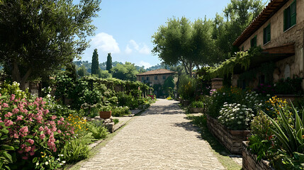 Obraz premium Stone Pathway Leads Through Lush Garden With Colorful Flowers Green Trees and Rustic Buildings Under Blue Sky