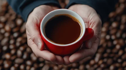 A person is holding a red coffee cup with a brown liquid in it. The cup is placed on a surface with coffee beans scattered around it. Concept of warmth and comfort, as the person is holding the cup