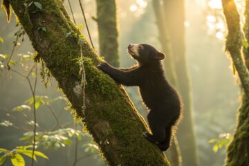 Obraz premium Young bear climbing a tree in a misty forest wildlife photography nature environment scenic viewpoint adventure concept