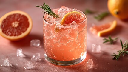 A vibrant pink cocktail, garnished with rosemary, citrus, and ice, sits on a pink backdrop, creating a refreshing summer vibe.