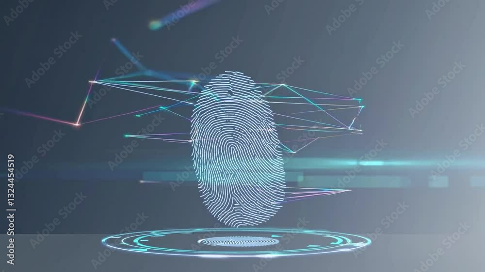 Poster futuristic fingerprint scan technology with abstract digital elements and simple design