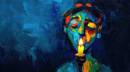 Fototapeta premium A vibrant, abstract portrait of a person holding a candle, expressing emotions through bold colors and deep shadows.