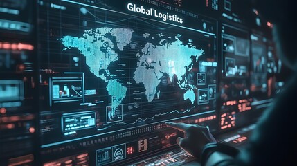 Advanced Global Logistics Control Center with World Map Digital Dashboard and Supply Chain Analytics on Multiple Screens in Modern Operations Room