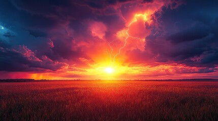 A vibrant sunset, ominous storm clouds, and lightning illuminating a field create a dramatic, captivating scene showcasing nature's raw energy.
