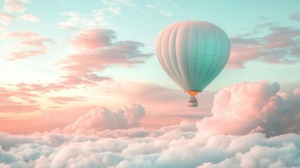 Naklejka premium A dreamy pastel hot air balloon floats gently in a serene sky filled with fluffy clouds in soft shades of pink, light blue, and yellow