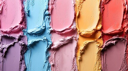 A vibrant, textured composition shows cosmetic products' creamy consistency and diverse colors smeared on a white surface.