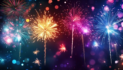 Fototapeta premium Dazzling Fireworks Display And Bokeh Lights In The Night Sky: An Enchanting New Year'S Eve Celebration With Multicolored Explosions.