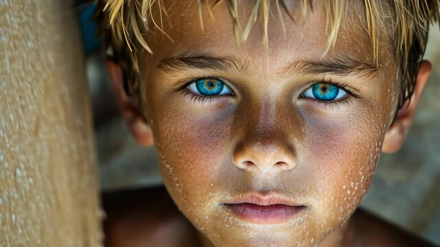 Captivating gaze of a young boy with sandy skin under sunlight