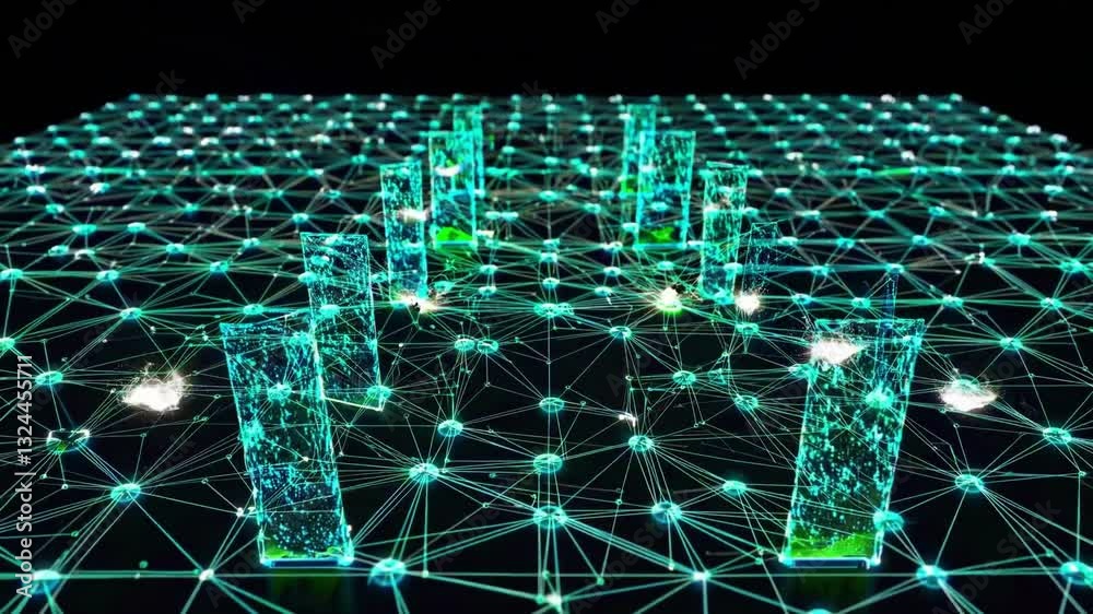 Poster pulsating cyber defense network with dynamic light effects and abstract shapes
