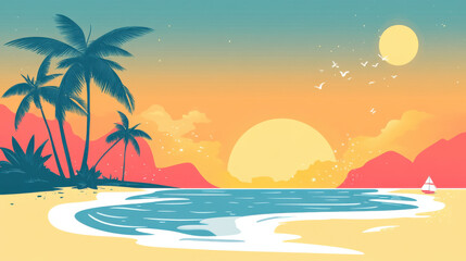 Fototapeta premium Tropical beach sunset with palm trees and calm ocean waves,Illustration Summer Blank Background For Copy Space For Text