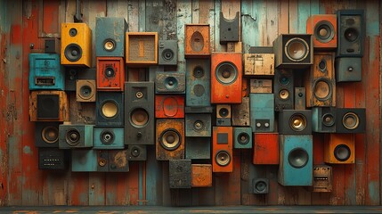Obraz premium A visually captivating wall of diverse vintage audio speakers suggests a powerful sound system for music enthusiasts and audiophiles.