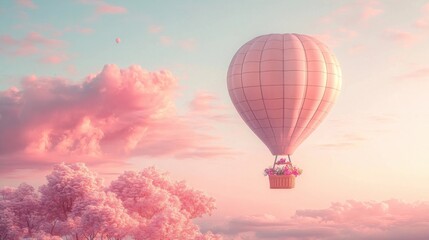 Fototapeta premium A pastel-colored hot air balloon floats gracefully in a soft pink and blue sky, carrying a basket of pastel flowers, evoking a sense of adventure and whimsy