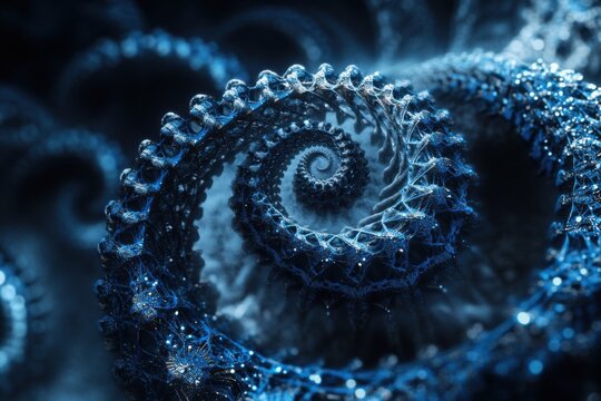 This photo captures a detailed view of an object in shades of blue and black showcasing its intricate design Digital binary image of a DNA helix structure .