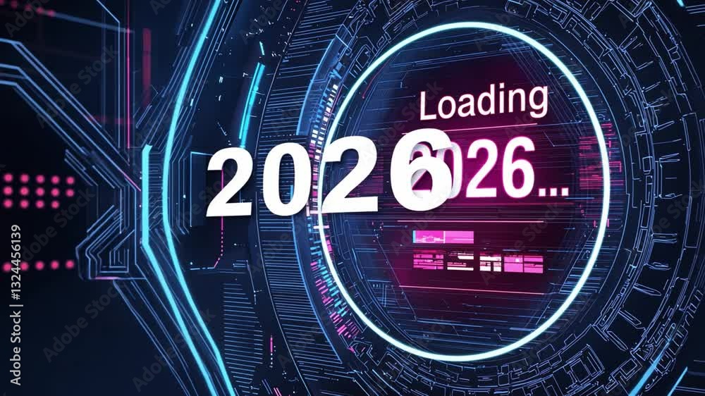 Poster futuristic loading screen with circular design and neon elements for year 2026 technology concept