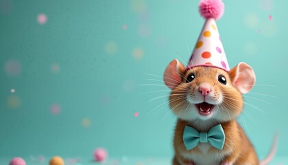 Rodent mouse pet with happy smile wears party cone hat and bowtie. Cute mammal animal portrait on pastel backdrop. Invitation card design for birthday celebration. Space for text, advertisement.