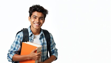 Portrait of cheerful indian teenager student with backpack holding books, isolated on white background. Confident college boy smiling, education concept, positive smart student with books. University