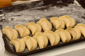 Dumplings arranged neatly on a tray ready for steaming in a cozy kitchen setting