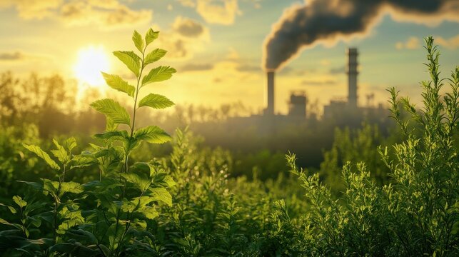 Carbon reduction with bright green plants in the foreground In the background there is an industrial chimney emitting carbon dioxide. It symbolizes the balance between industry and environmental sust
