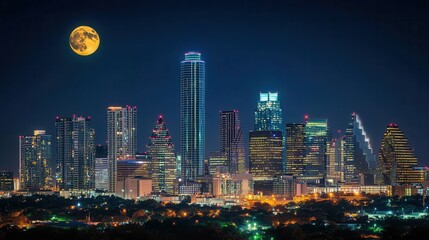 Obraz premium Nighttime cityscape featuring a vibrant skyline with colorful lights and a bright moon above, showcasing the beauty of urban life