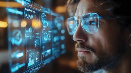 Futuristic Technology Interface with Man wearing Smart Glasses Analyzing Advanced Digital Data Visualization in Holographic Display with Augmented Reality