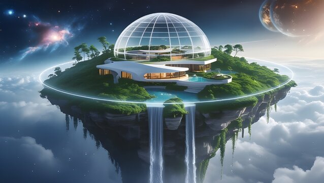 Futuristic Floating Island with a Luxurious High-Tech Dome Residence, Utopian Sky City, and Advanced Space-Age Architecture Above the Clouds