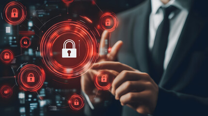 Cybersecurity-Alarm mit rotem digitalen Schloss und Netzwerkschutz  
