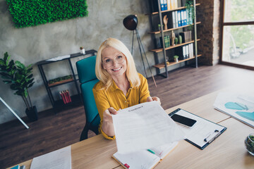 Photo of sweet charming lady assistant wear shirt getting work offer contract indoors workplace...