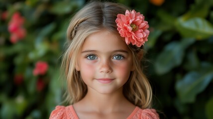 Naklejka premium A young girl with blonde hair and a pink flower in her hair. She is smiling